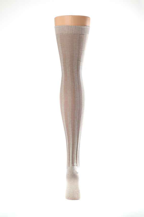 Delp Stockings, Vertical Ribbed Cotton Stockings. Tan and Cream color back view.