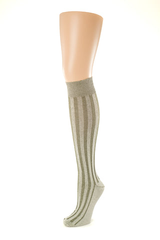 Delp Stockings, Vertical Ribbed Cotton SALE Stockings. Olive Green and Cream color side view.