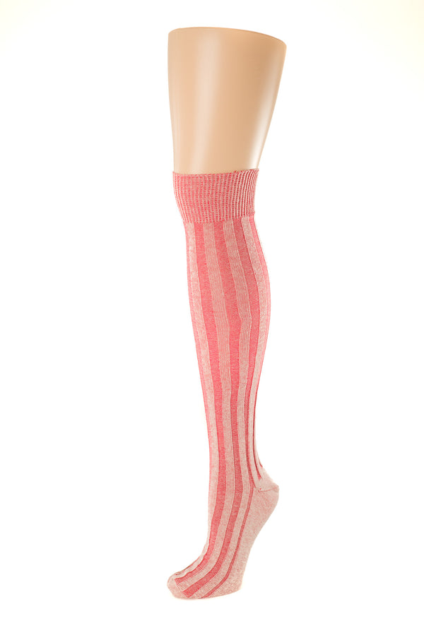 Delp Stockings, Vertical Ribbed Cotton SALE Stockings. Red and Cream color side view.