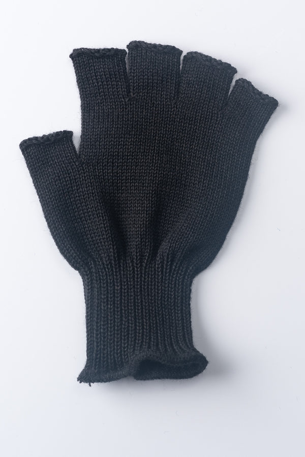 Delp Stockings, Wool Fingerless Gloves. Black color flat view of single glove.
