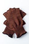 Delp Stockings, Wool Fingerless Gloves. Brown color, flat view of both gloves.