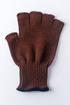 Delp Stockings, Wool Fingerless Gloves. Brown color flat view of single glove.