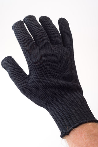 Delp Stockings, Wool Gloves. Black color on model, palm side view.